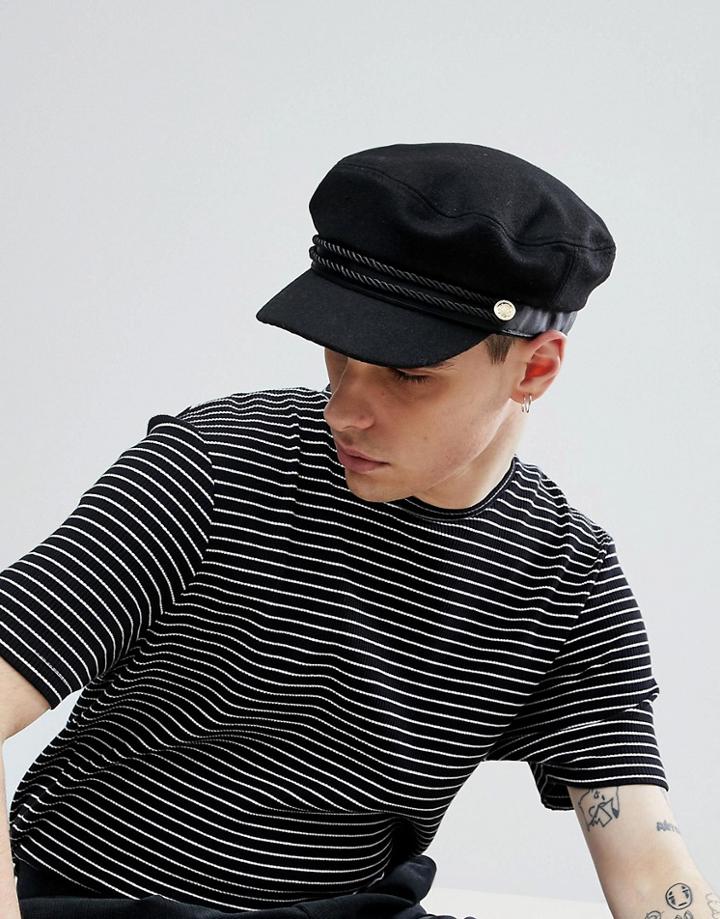 Asos Mariner Cap In Black With Rope Detail - Black