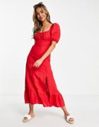 & Other Stories Linen Puff Sleeve Midi Dress In Red