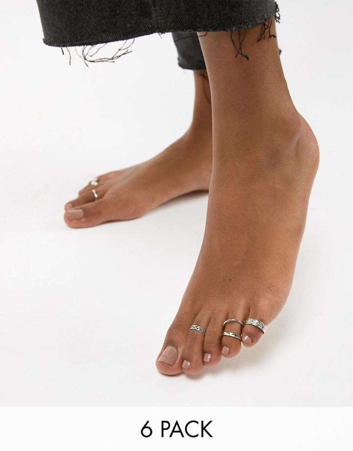 Asos Design Pack Of 6 Minimal Summertoe Rings - Silver