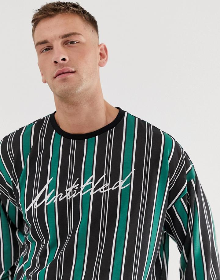 Asos Design Oversized Long Sleeve T-shirt With Vertical Stripe And Untitled Print-green