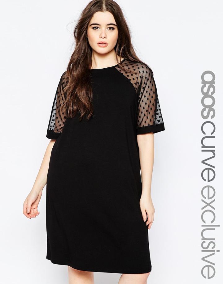 Asos Curve Shift Dress With Spot Mesh Sleeve - Black
