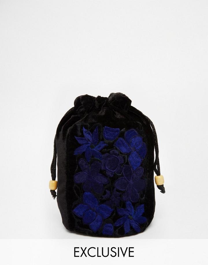 Reclaimed Vintage Blue Floral Cinch Pouch Bag - Black