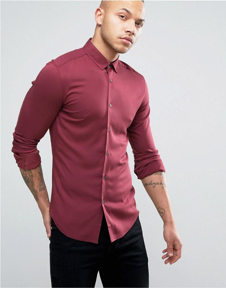 Asos Super Skinny Viscose Shirt In Burgundy - Red