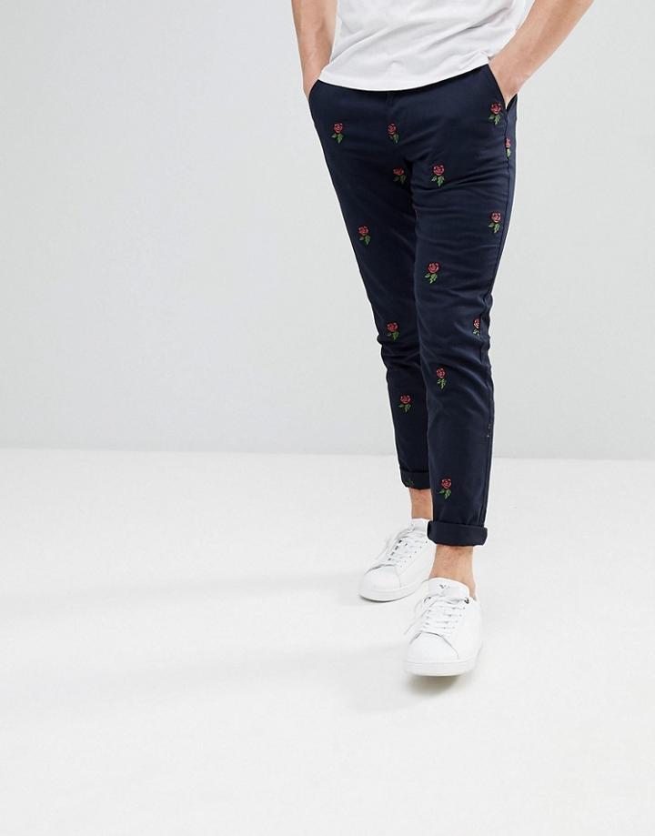 Asos Skinny Pants With All Over Rose Embroidered Pattern - Black