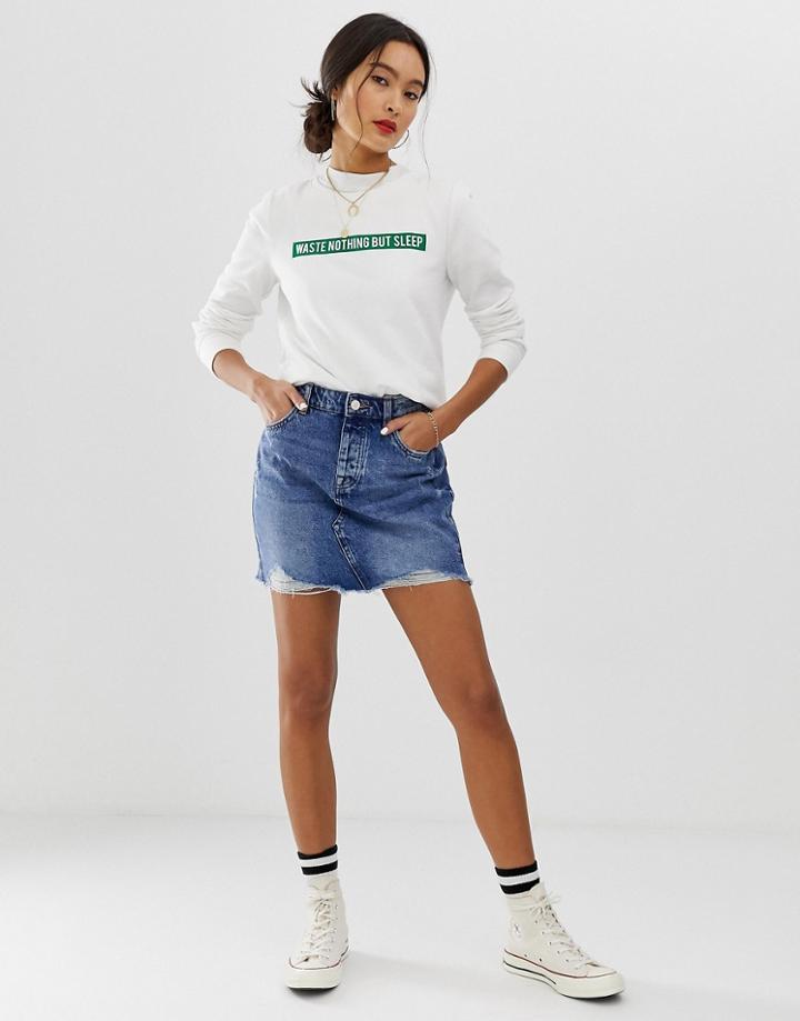 Only Vintage Wash Destroyed Denim Mini Skirt - Blue