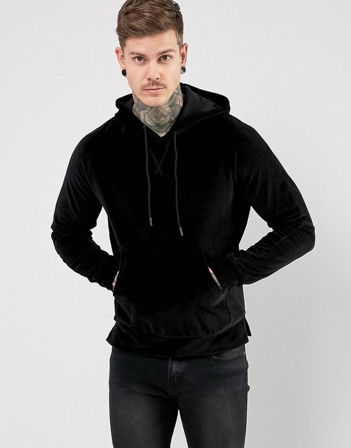 Religion Velour Hoodie With Split Hem - Black