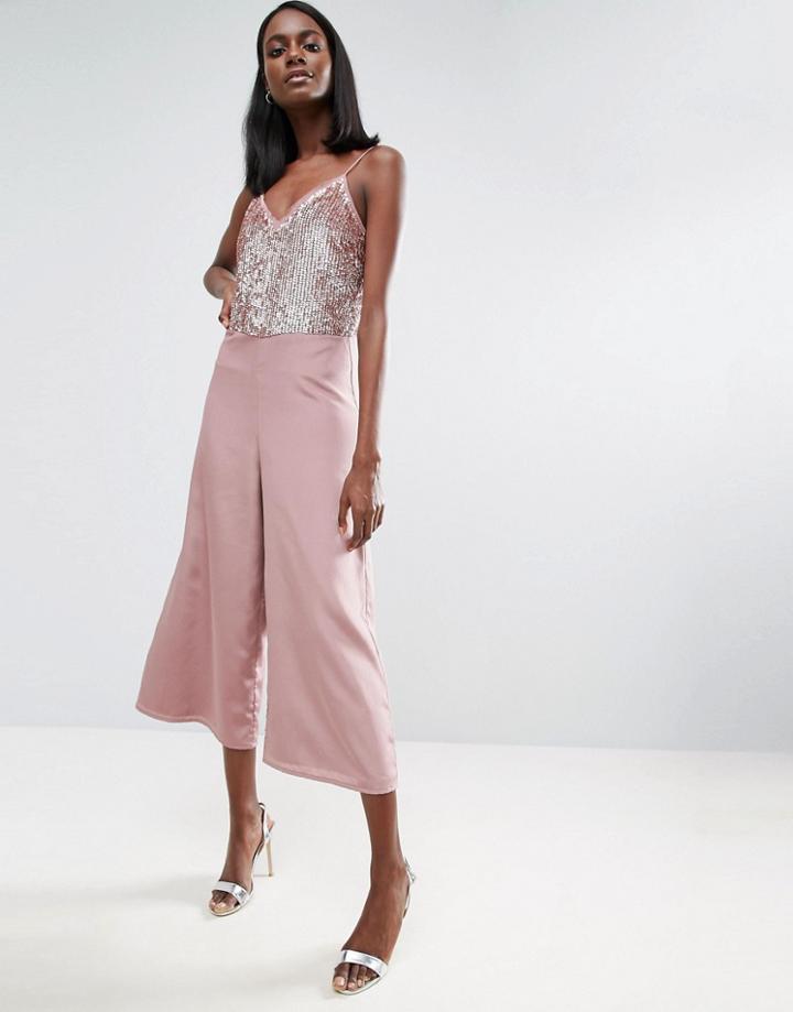 Asos Sequin Jumpsuit With Raw Edge Detail And Culotte Leg - Pink