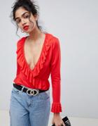 Asos Design Ruffle Wrap Top In Red - Red
