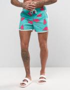 Asos Runner Swim Shorts With Watermelon Flamingo Print In Short Length - Blue