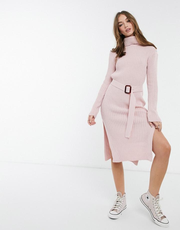 In The Style X Billie Faiers Roll Neck Knitted Dress With Belt In Pink