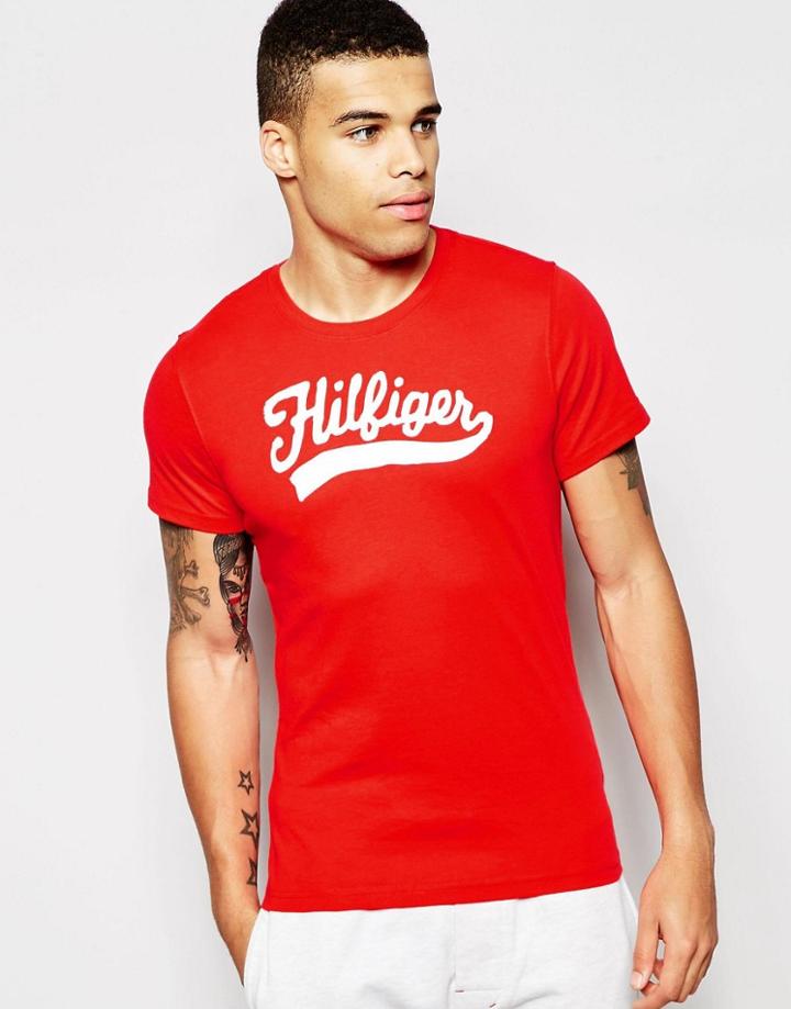 Tommy Hilfiger Logo Crew Neck Slim Fit T-shirt In Organic Cotton - Red