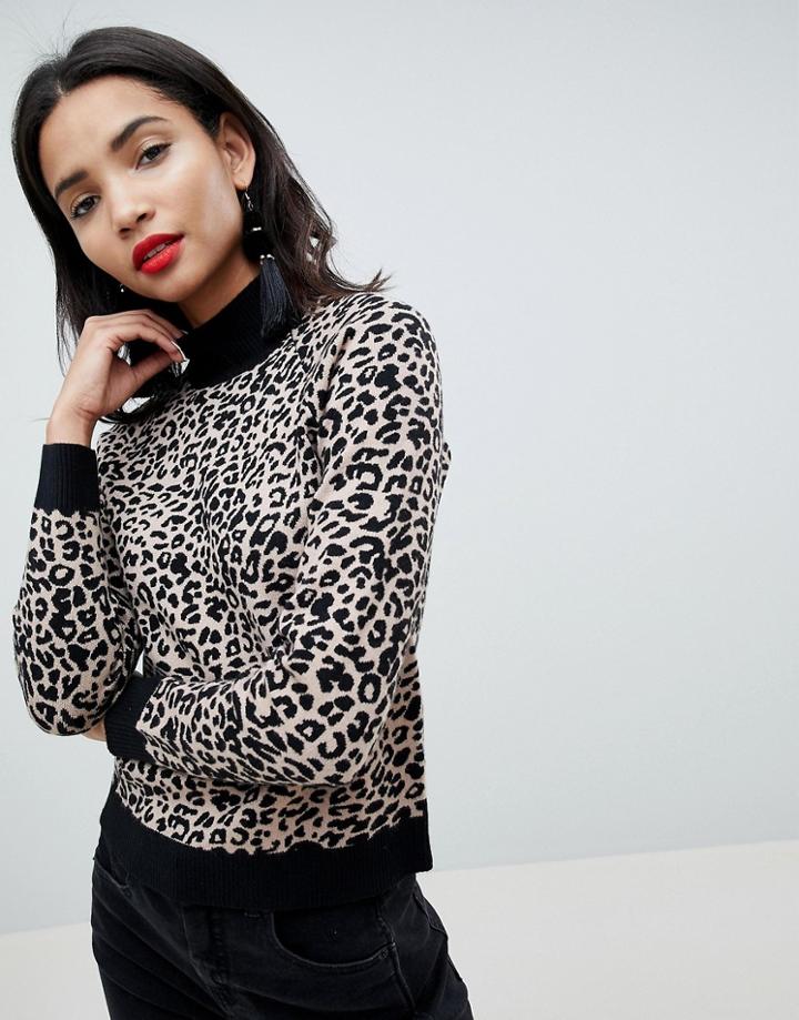 Asos Design High Neck Sweater In Fine Knit In Animal - Multi