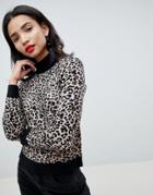 Asos Design High Neck Sweater In Fine Knit In Animal - Multi