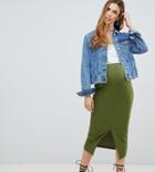 Asos Design Maternity Rib Midi Pencil Skirt With Front Split - Green