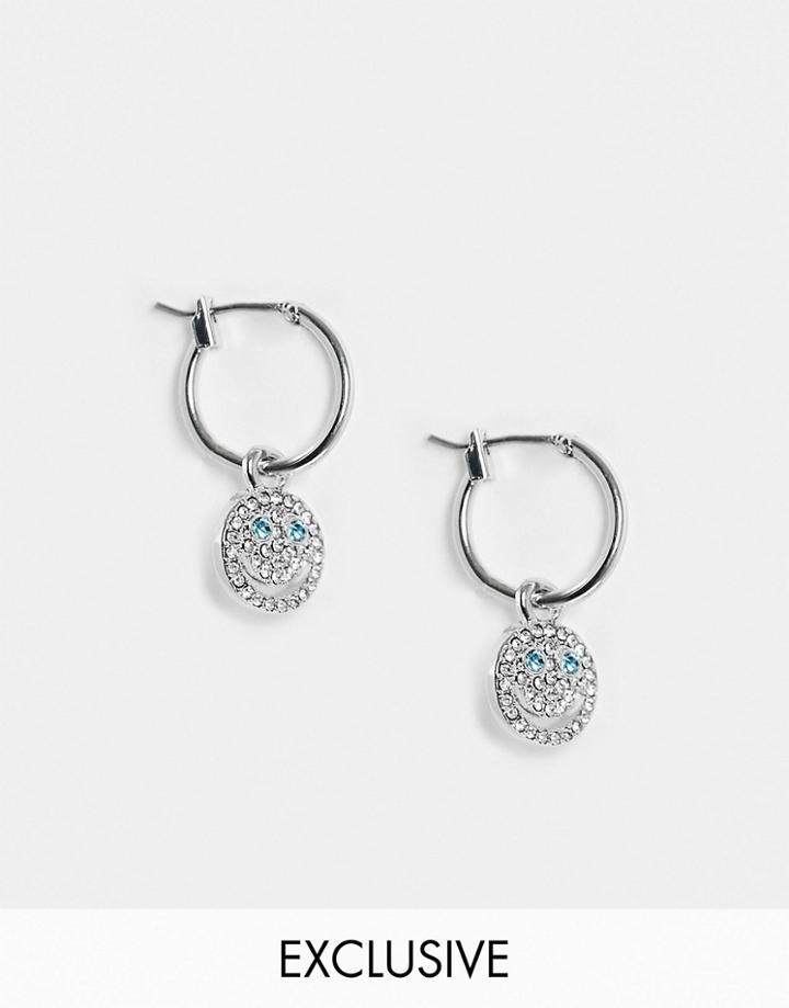 Reclaimed Vintage Inspired Unisex Huggie Hoops With Sparkly Smiles In Silver