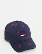 Tommy Jeans Cap With All Over Logo In Navy