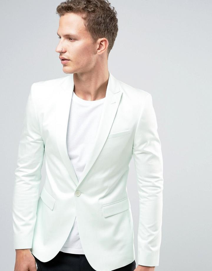 Asos Skinny Blazer In Cotton Sateen In Pale Blue - Blue