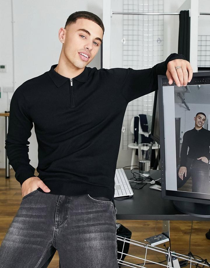 Threadbare Cotton Quarter Zip Long Sleeve Knitted Polo In Black