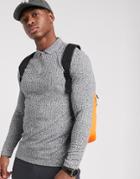 Asos Design Long Sleeve Polo Shirt In Interest Rib With Zip Neck In Gray