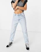 Bershka Organic Cotton Mom Jeans In Bleach Blue Wash-blues