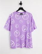 Asos Design Oversized T-shirt With All Over Smile Print In Lilac-purple