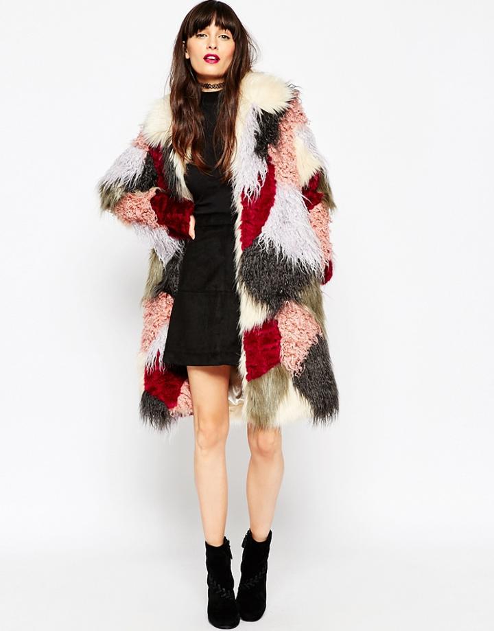Asos Swing Coat In Patchwork Faux Fur - Multi