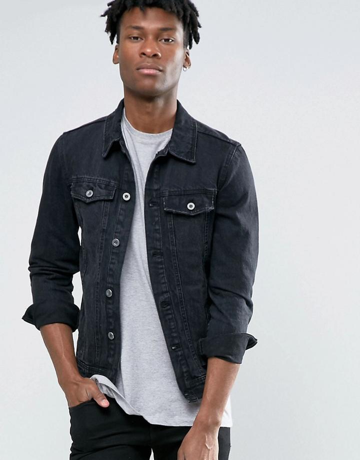 Pull & Bear Denim Jacket With Abrasions In Black - Black