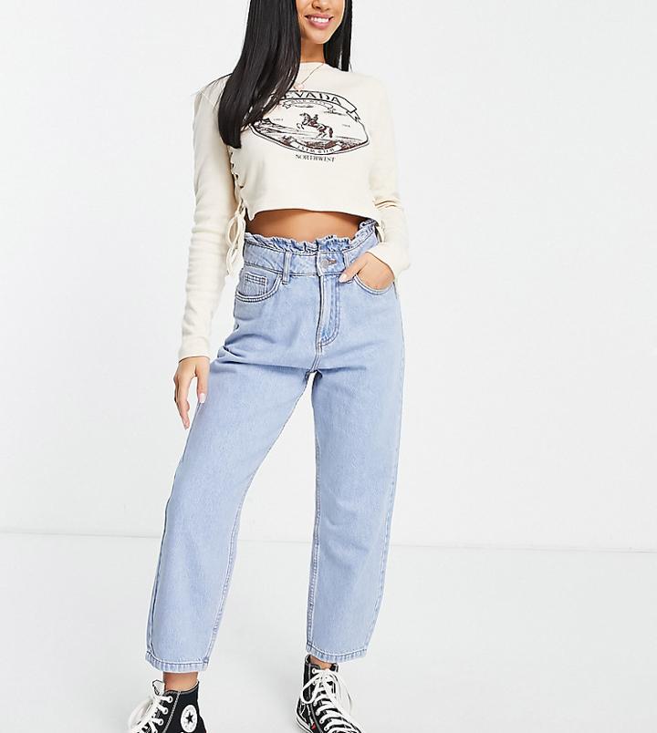 Miss Selfridge Petite Mom High Waist Frill Top Jean In Light Wash Blue-blues