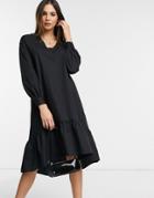 Vero Moda Midi Smock Dress With Balloon Sleeves In Black