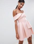 Asos Design Bardot Fold Wrap Front Mini Skater Dress - Pink