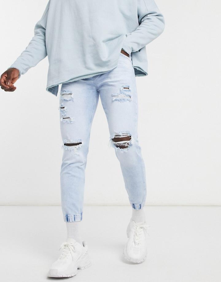 Bershka Denim Sweatpants With Rips In Blue-blues