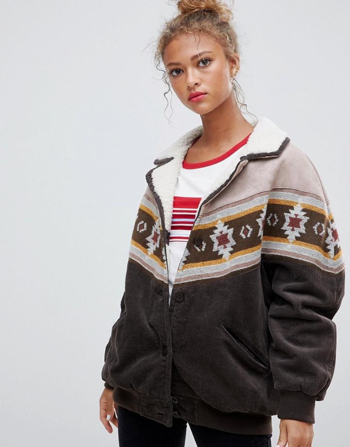 Pull & Bear Cord And Borg Mix Jacket With Pattern - Brown