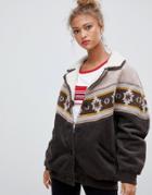 Pull & Bear Cord And Borg Mix Jacket With Pattern - Brown