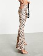 Fashionkilla Check Pants With Cut-out Detail In Tan-multi