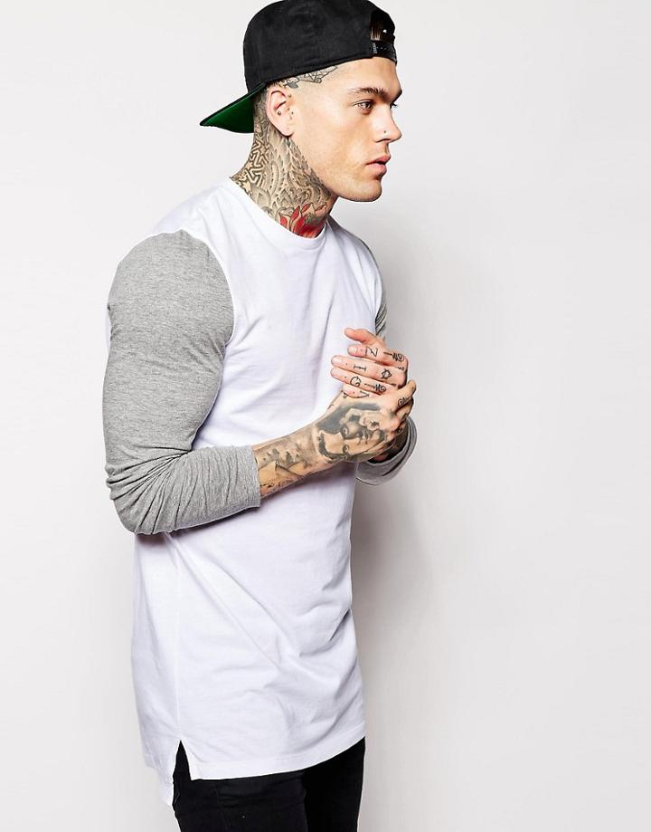 Asos Super Longline Long Sleeve T-shirt With Contrast Sleeves & Dropped Hem - White