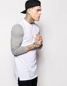 Asos Super Longline Long Sleeve T-shirt With Contrast Sleeves & Dropped Hem - White