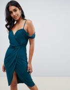 Asos Design Drape Cold Shoulder Midi Dress With Twist Detail - Blue