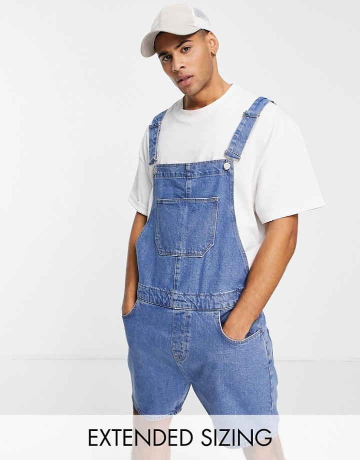 Asos Design Short Denim Overalls In Mid Wash Blue-blues
