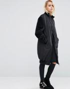 Asos Longline Coat With Contrast Velvet Sleeves - Black