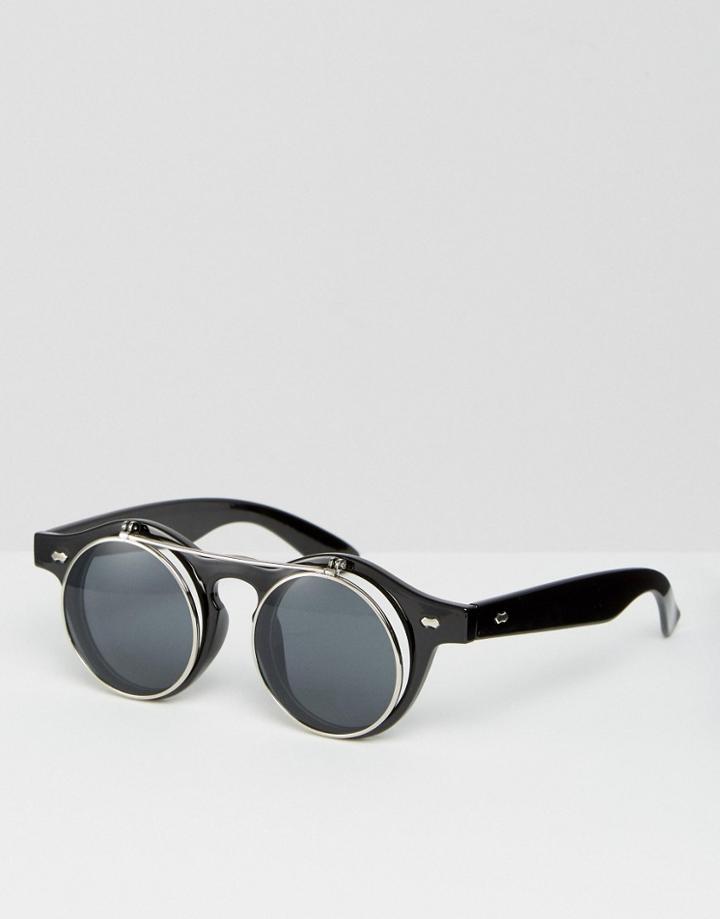 Asos Round Sunglasses With Metal Clips - Black
