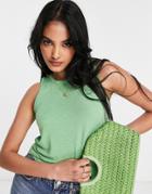 Asos Design Relaxed Fine Knit Tank Top With Raw Hem In Green Heather