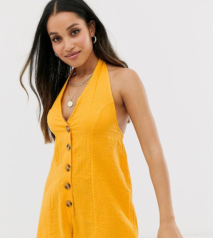 Asos Design Petite Halter Romper With Button Detail In Self Stripe - Yellow