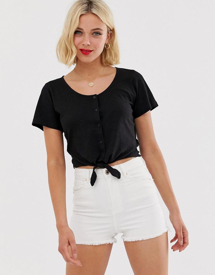 Brave Soul Crop T Shirt With Tie Front And Button Detail-black