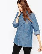 Asos Denim Boyfriend Shirt In Mid Vintage Wash - Rain Blue