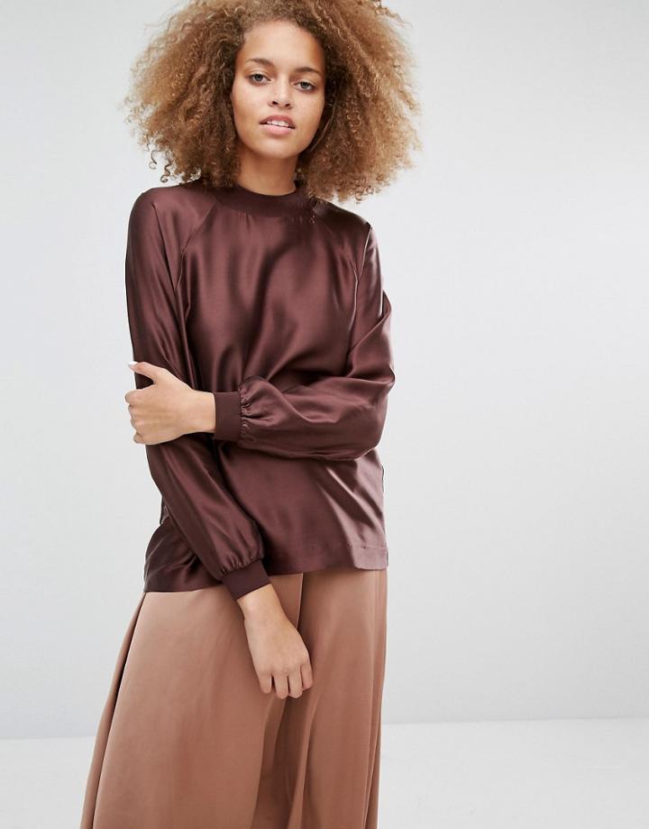 Selected Lea Long Sleeve Silk Top - Brown