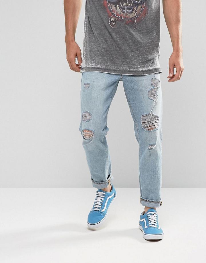 Asos Slim Jeans In Recycled Vintage Light Wash With Heavy Rips - Blue
