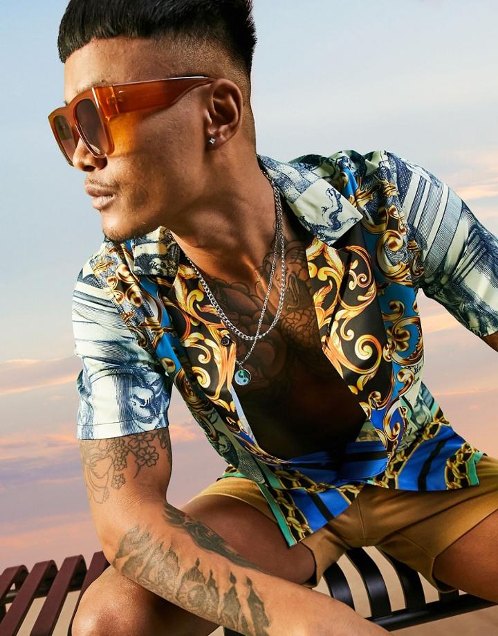 Asos Design Regular Revere Satin Shirt Pattern Border Print-blues
