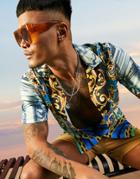 Asos Design Regular Revere Satin Shirt Pattern Border Print-blues