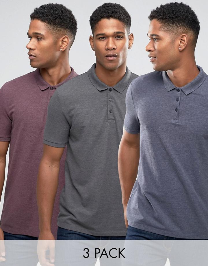 Asos 3 Pack Pique Polo Shirt In Navy Marl/oxblood Marl/charcoal Marl -