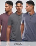 Asos 3 Pack Pique Polo Shirt In Navy Marl/oxblood Marl/charcoal Marl -